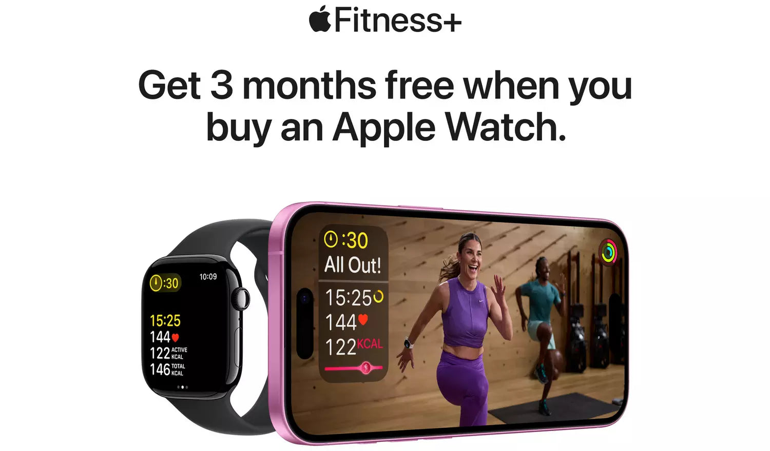 Black smartwatch with Fitness+ workout on screen, side view with another device