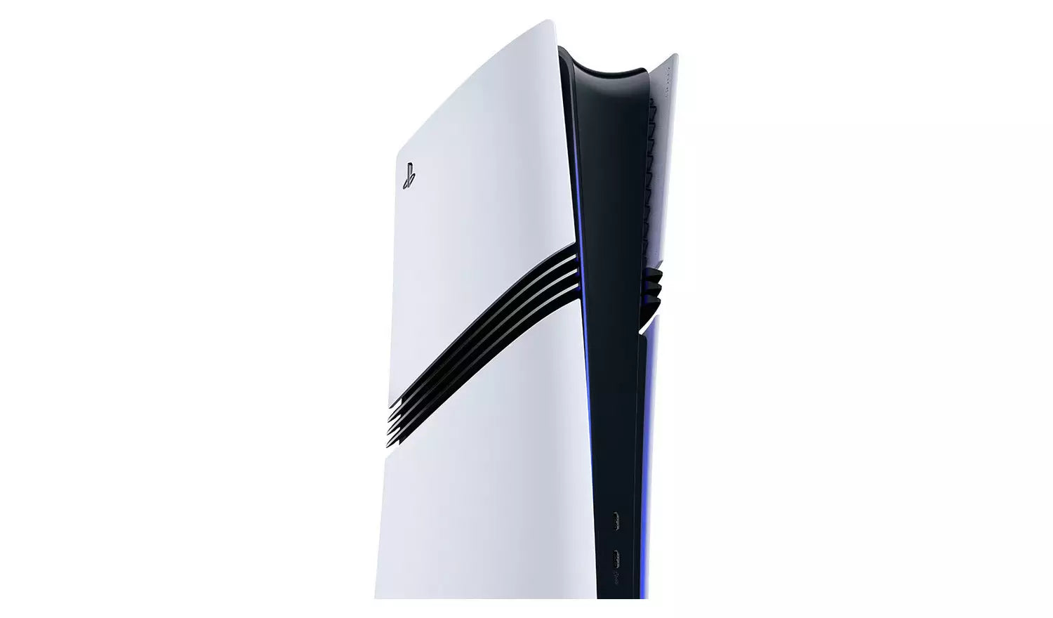 PS5 Pro Digital Console 2TB, Nahansicht der Konsole von der Seite (weiß/schwarz)
