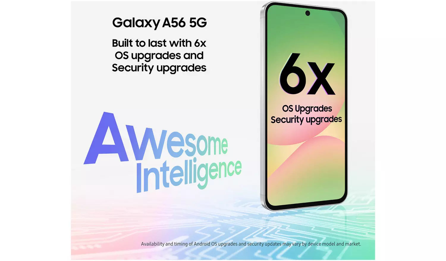 Galaxy A56 5G smartphone front showing “6x OS Upgrades” on screen