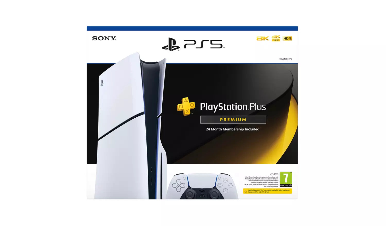 PS5 console box with PlayStation Plus Premium 24‑month membership and controller art.