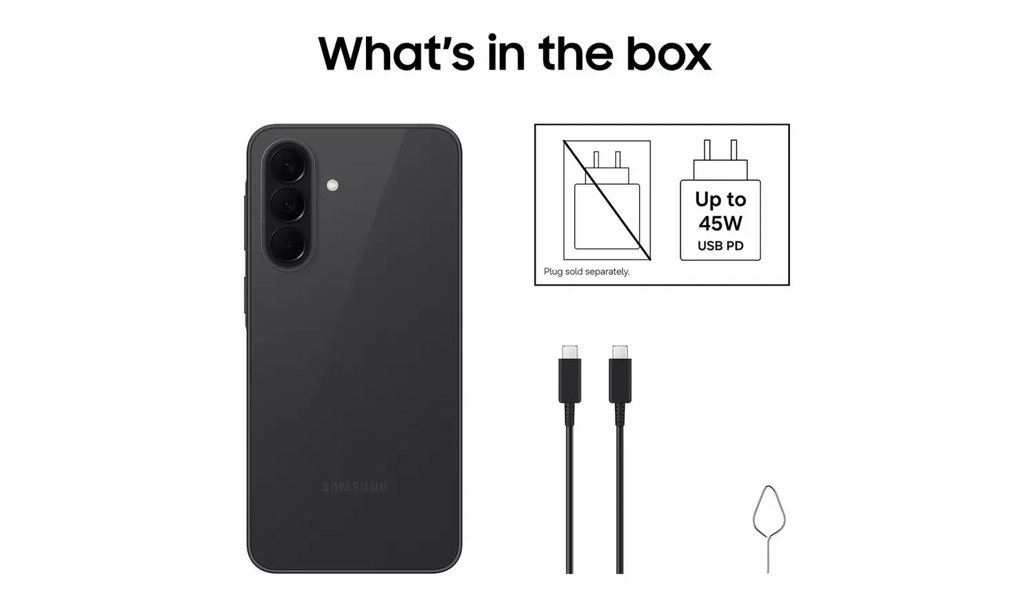 Charcoal Galaxy A37 5G phone back with charging cable and accessories