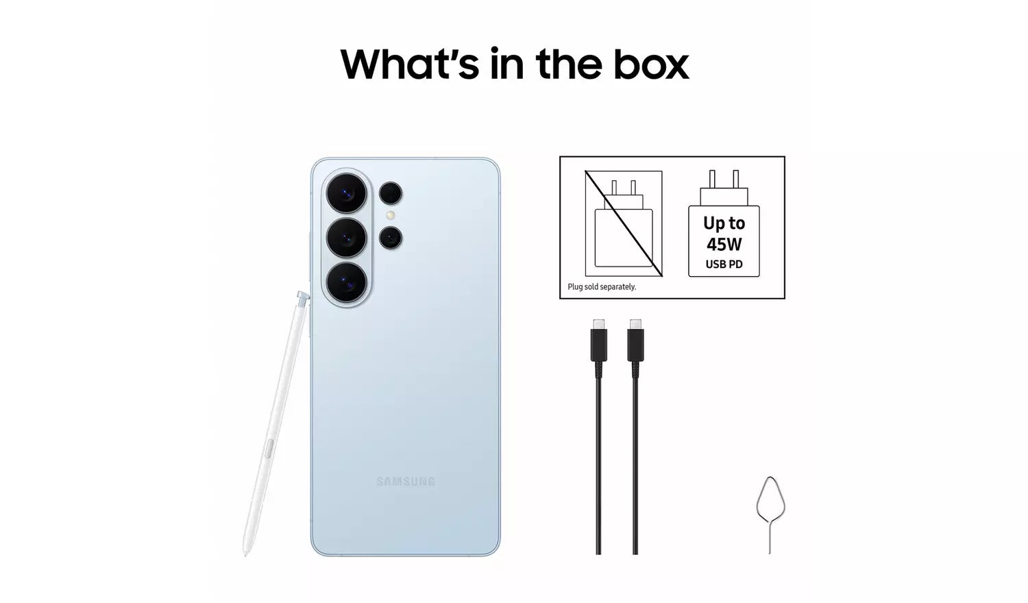 Lieferumfang: Smartphone in Weiß, USB‑C-Kabel und Netzteil