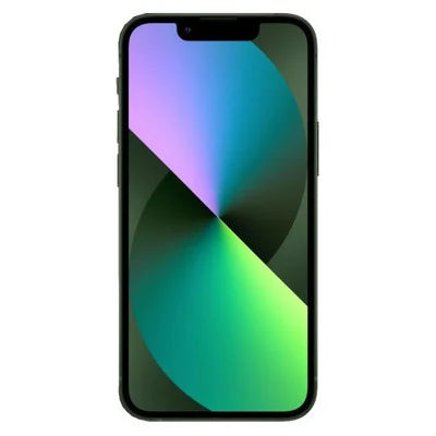 Unlocked iPhone 13 smartphone front view with green geometric wallpaper