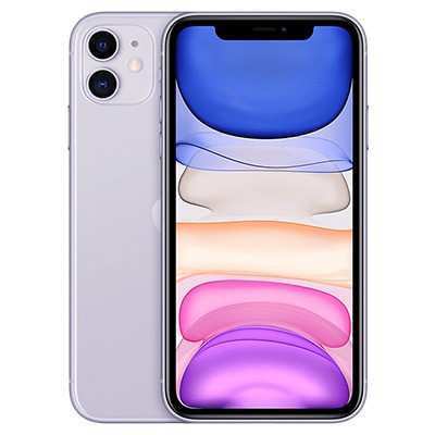 Unlocked iPhone 11 smartphone in purple, front and back view, dual rear cameras