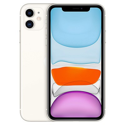 Unlocked iPhone 11 smartphone in white, front and back view, dual rear cameras