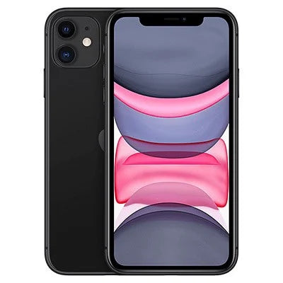 Unlocked iPhone 11 smartphone in black, front and back view, dual rear cameras