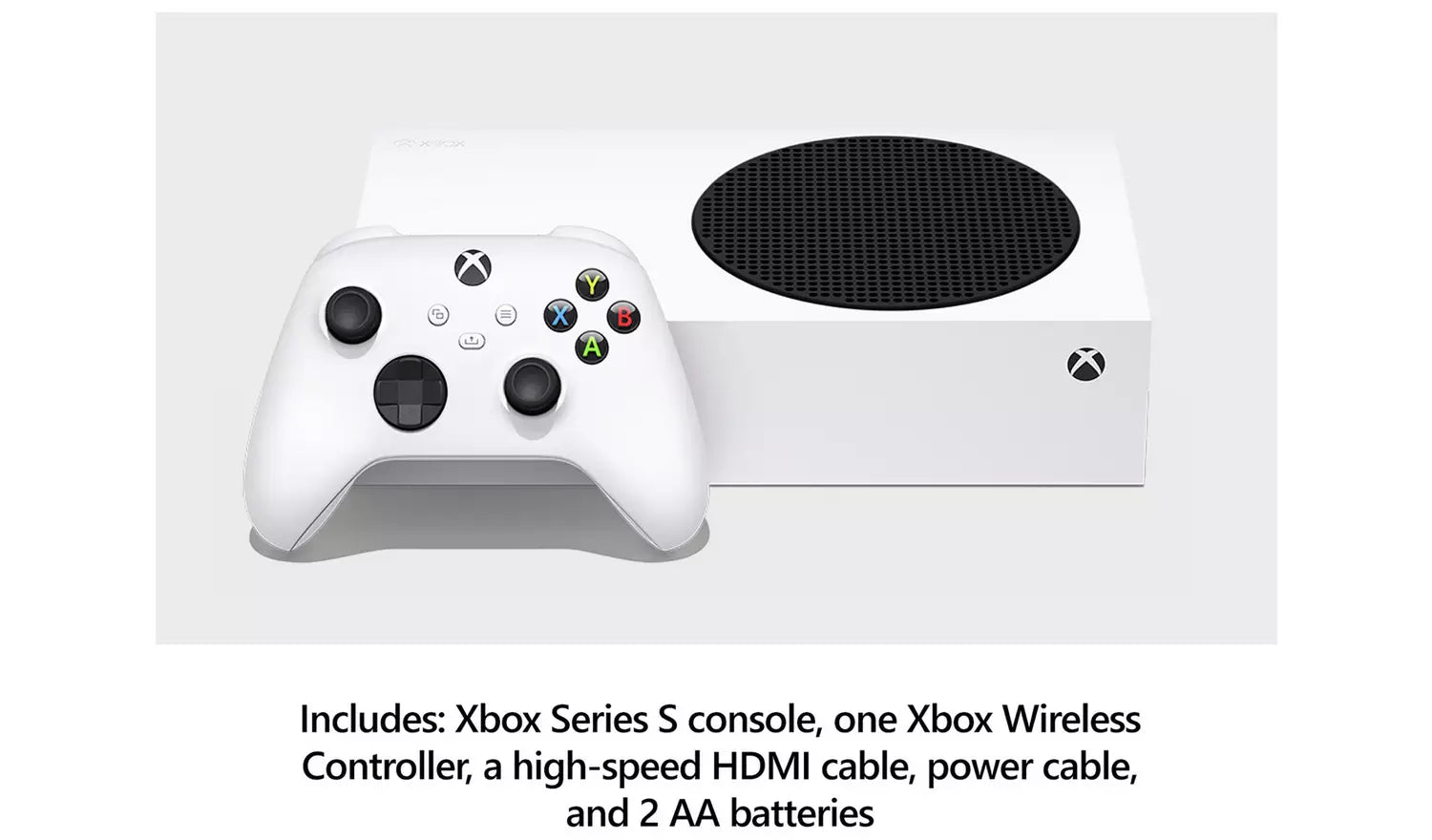 Weißer Xbox Wireless Controller und Xbox Series S Konsole nebeneinander