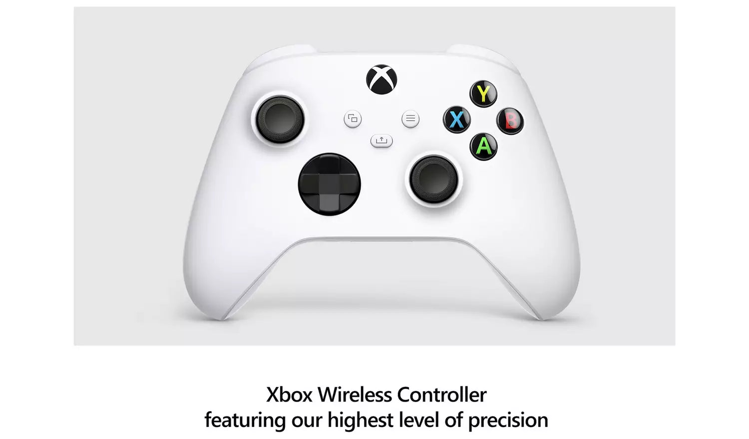 White Xbox wireless controller close-up with colored button labels