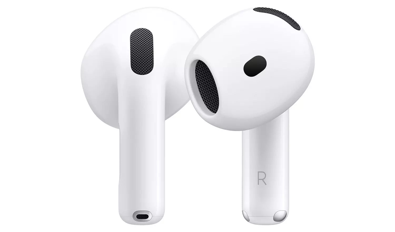 White earbuds with black mesh speaker grille, left and right shown