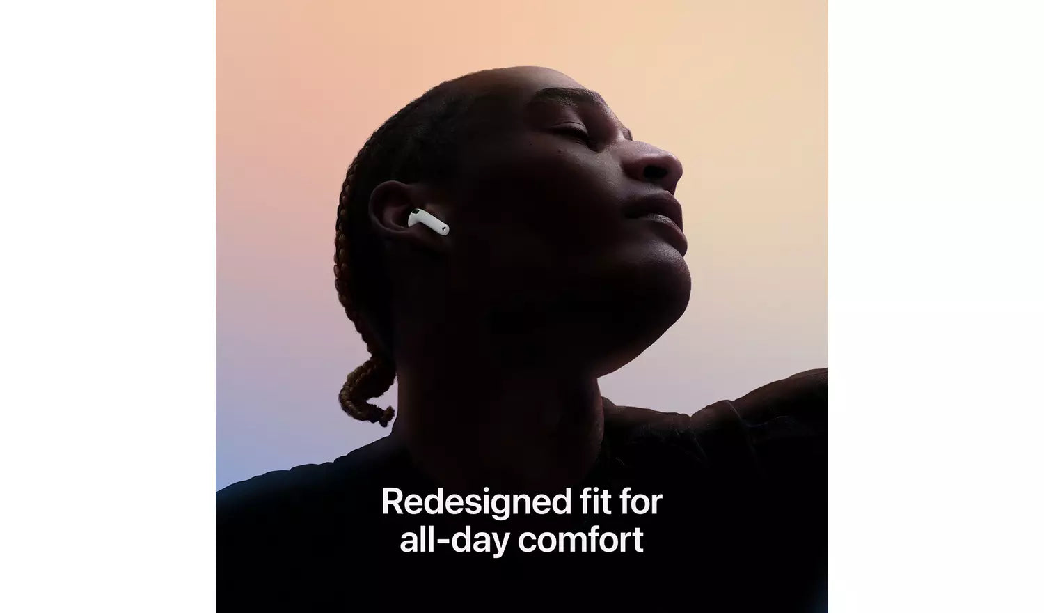 White earbuds snug in-ear fit for all-day comfort, side profile
