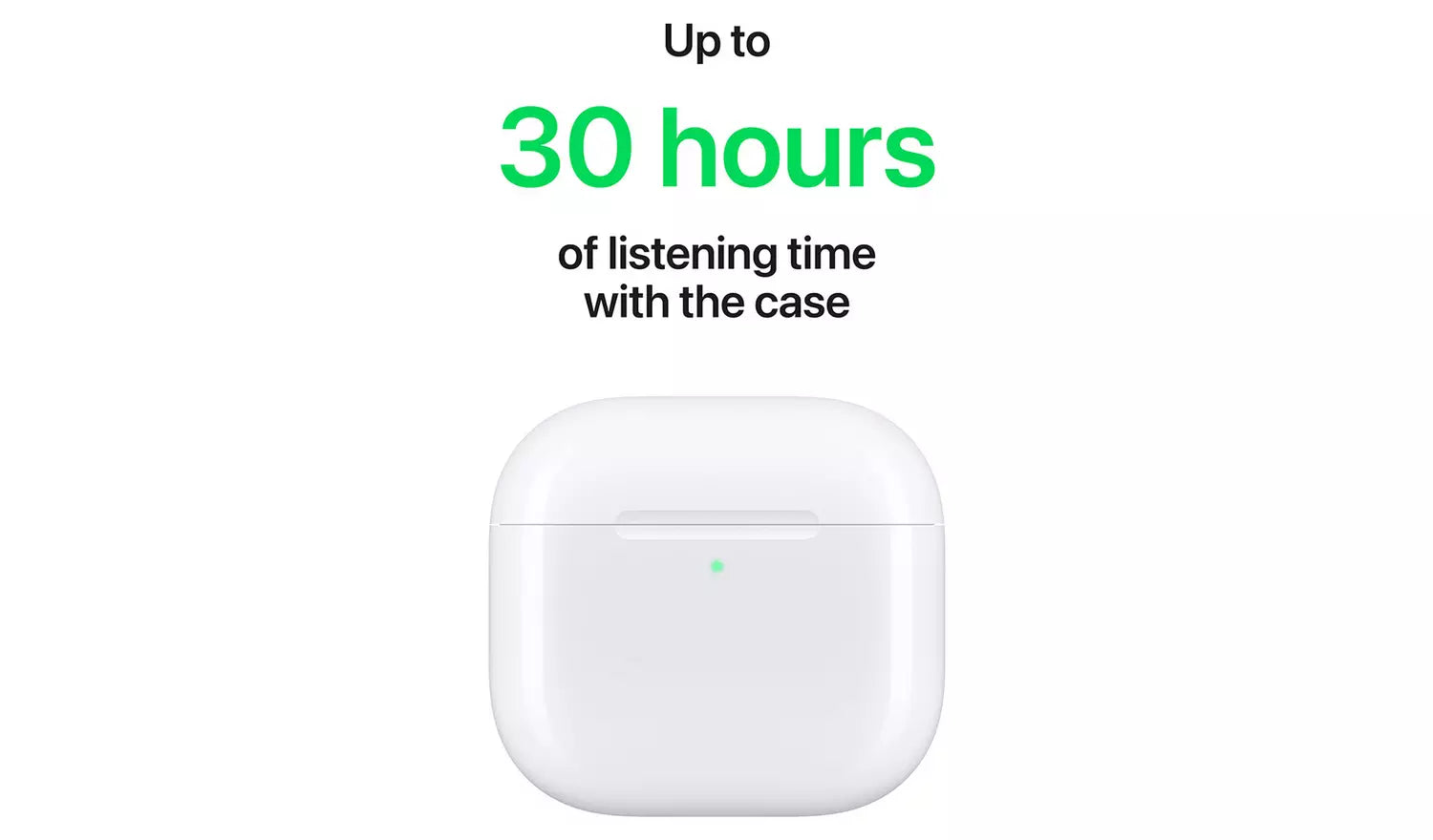 White charging case showing up to 30 hours listening time with case