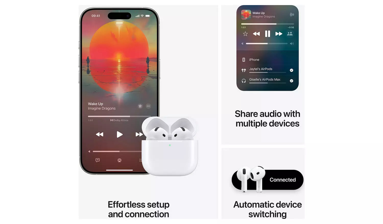White earbuds and charging case with multi-device sharing and automatic switching