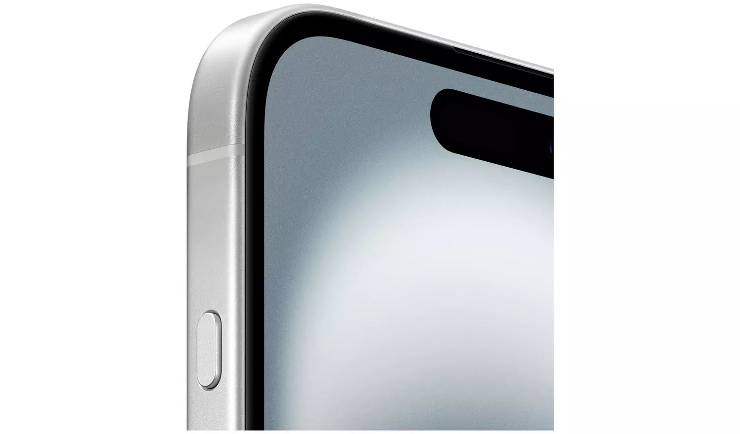 Silver iPhone 16 side view with button detail and dark display edge close-up