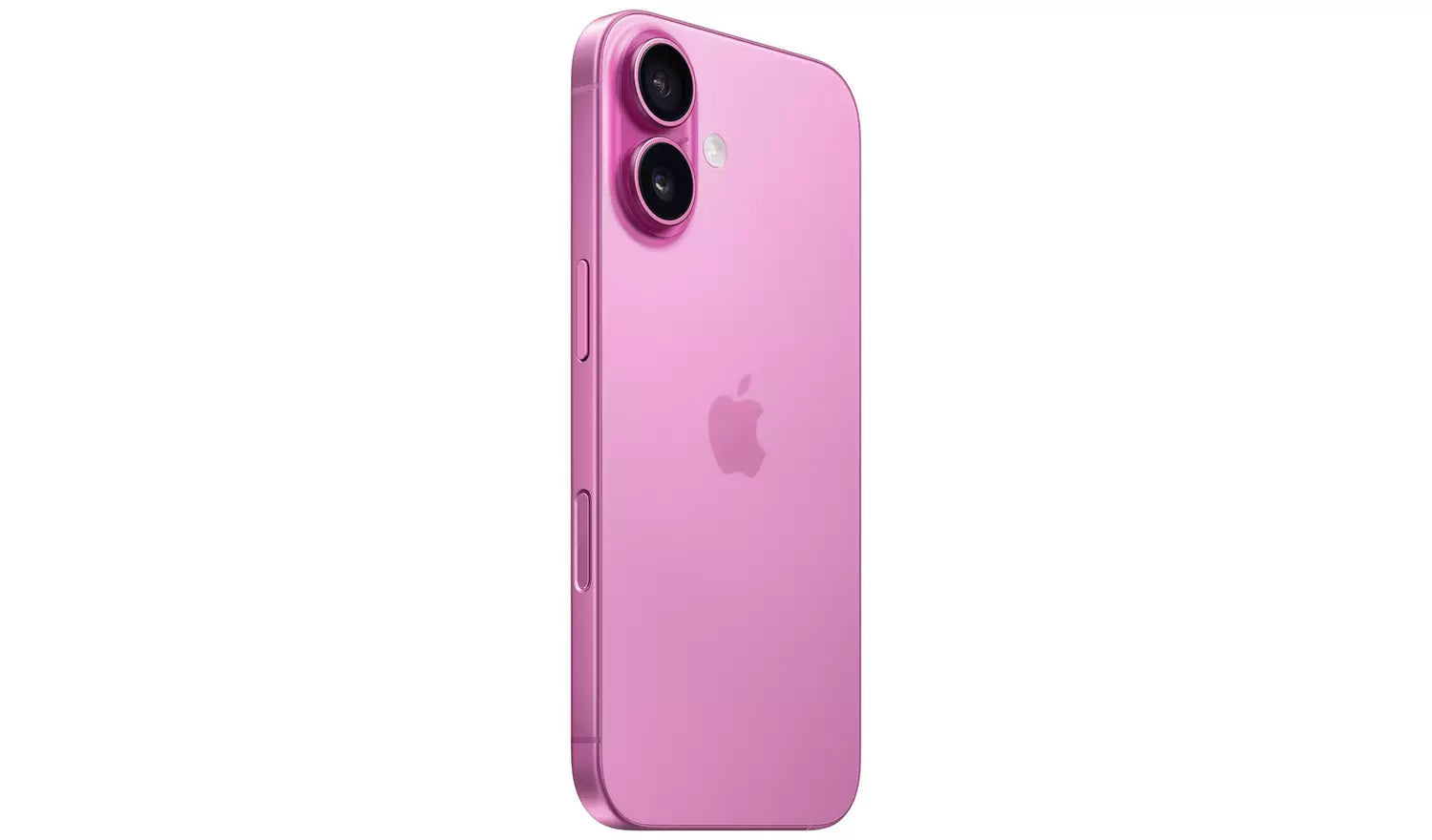 Pink iPhone back with dual camera lenses and side buttons, Apple logo visible