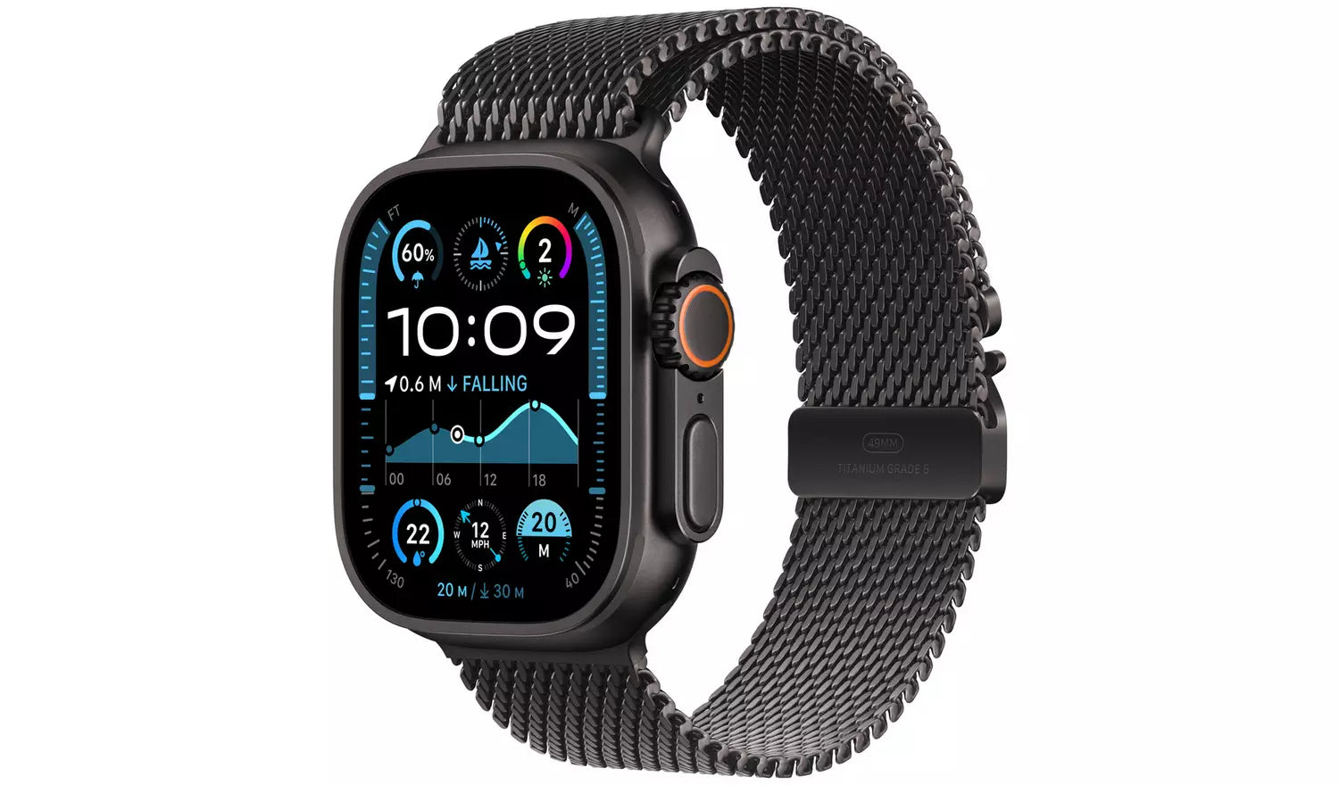 Apple Watch Ultra 2 in black titanium with Milanese Loop strap, smartwatch screen on