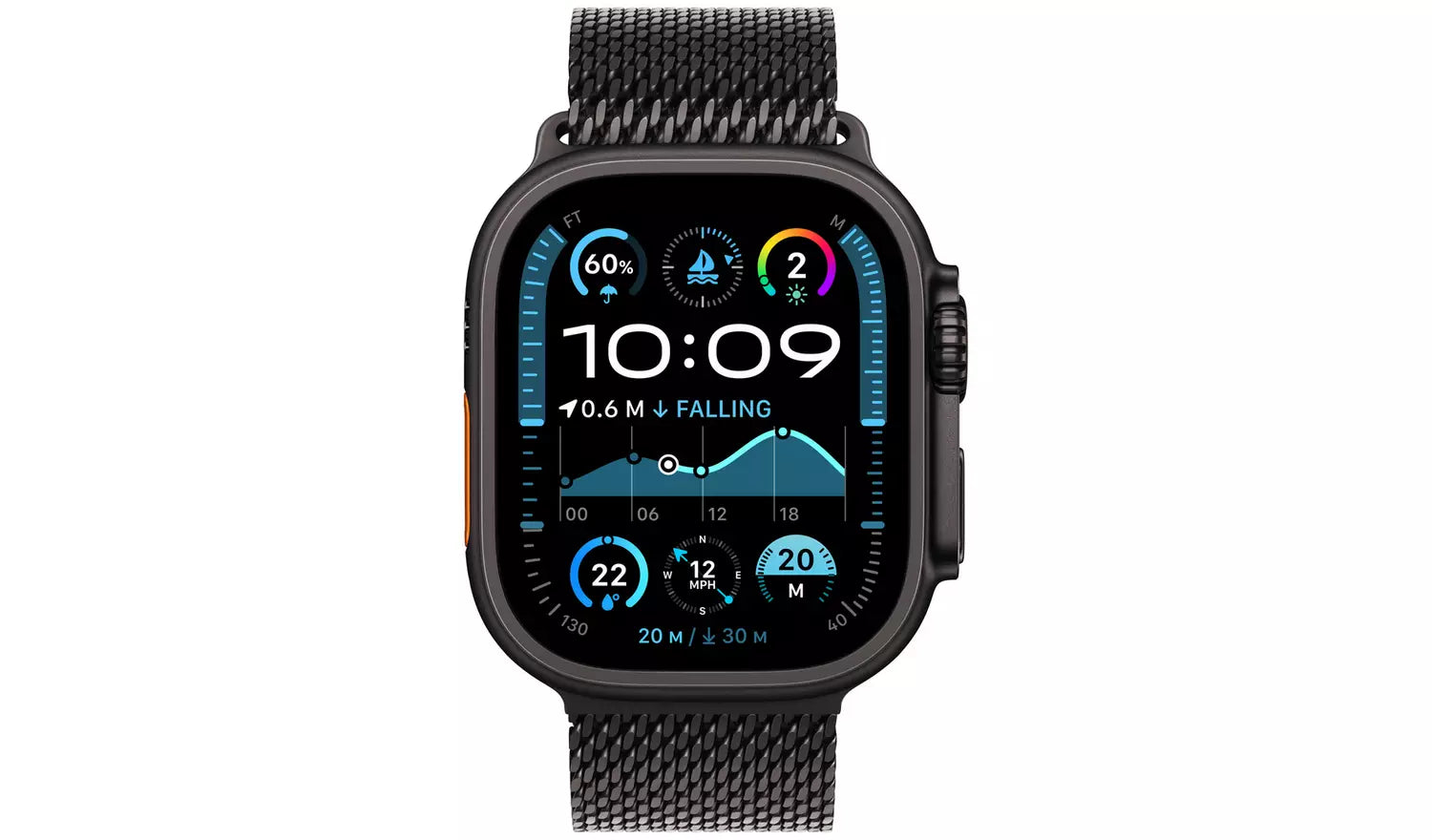 Front view black Milanese Loop strap smartwatch with fitness metrics on display