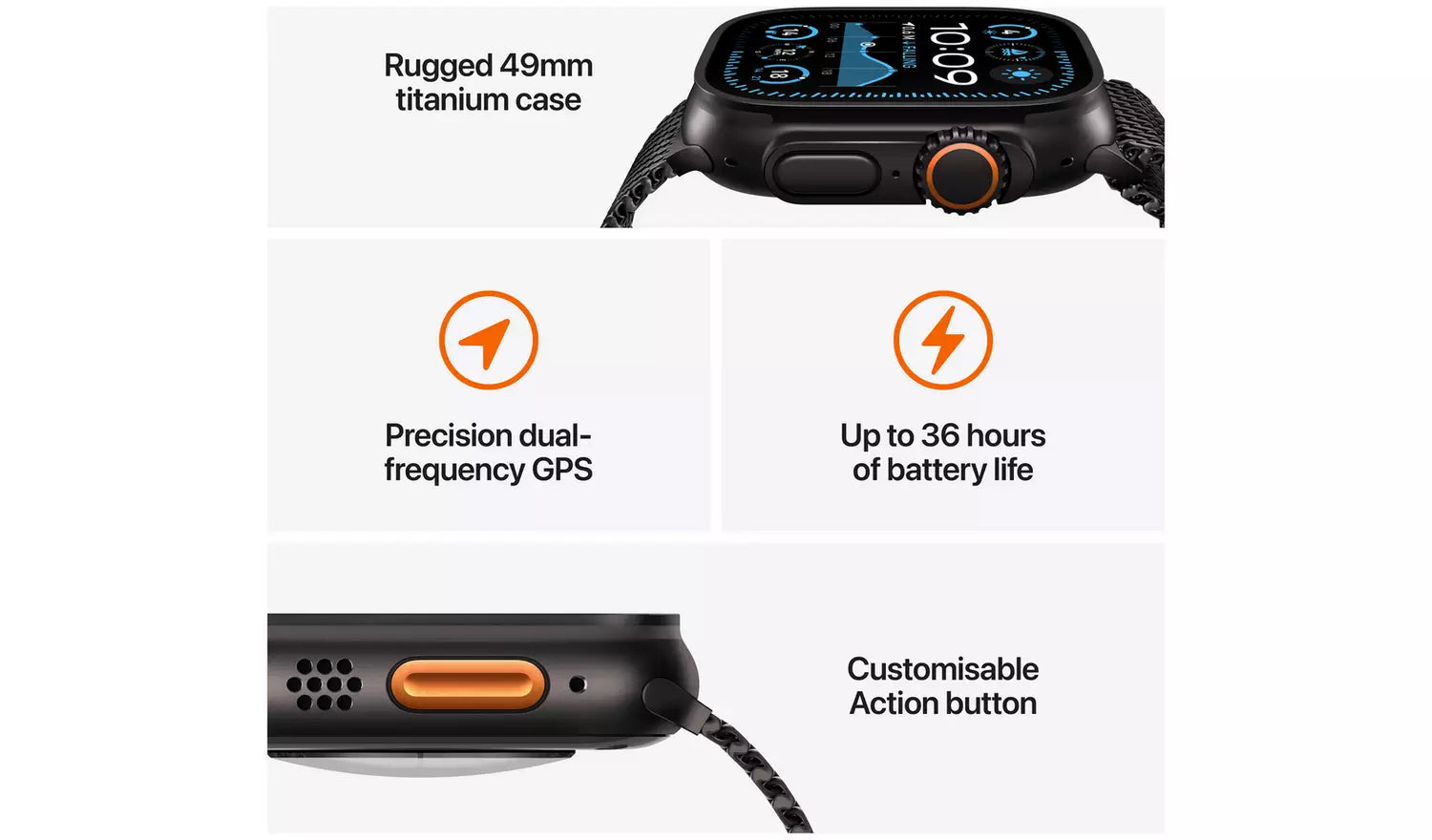 Black titanium 49mm watch side detail with orange Action button and rugged case