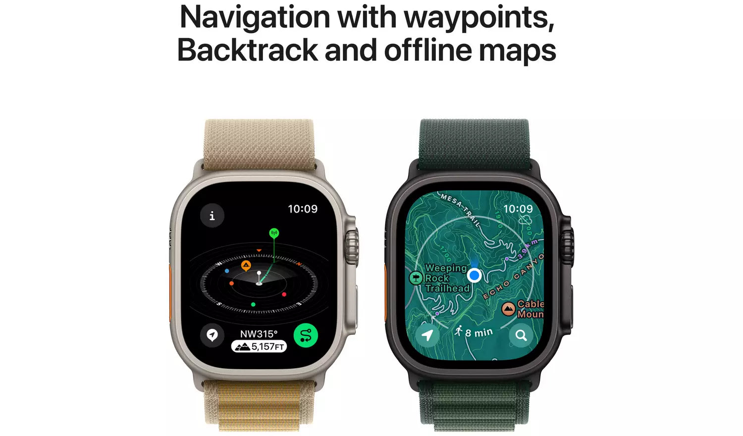 Two smartwatches showing navigation maps; sand and dark green fabric bands