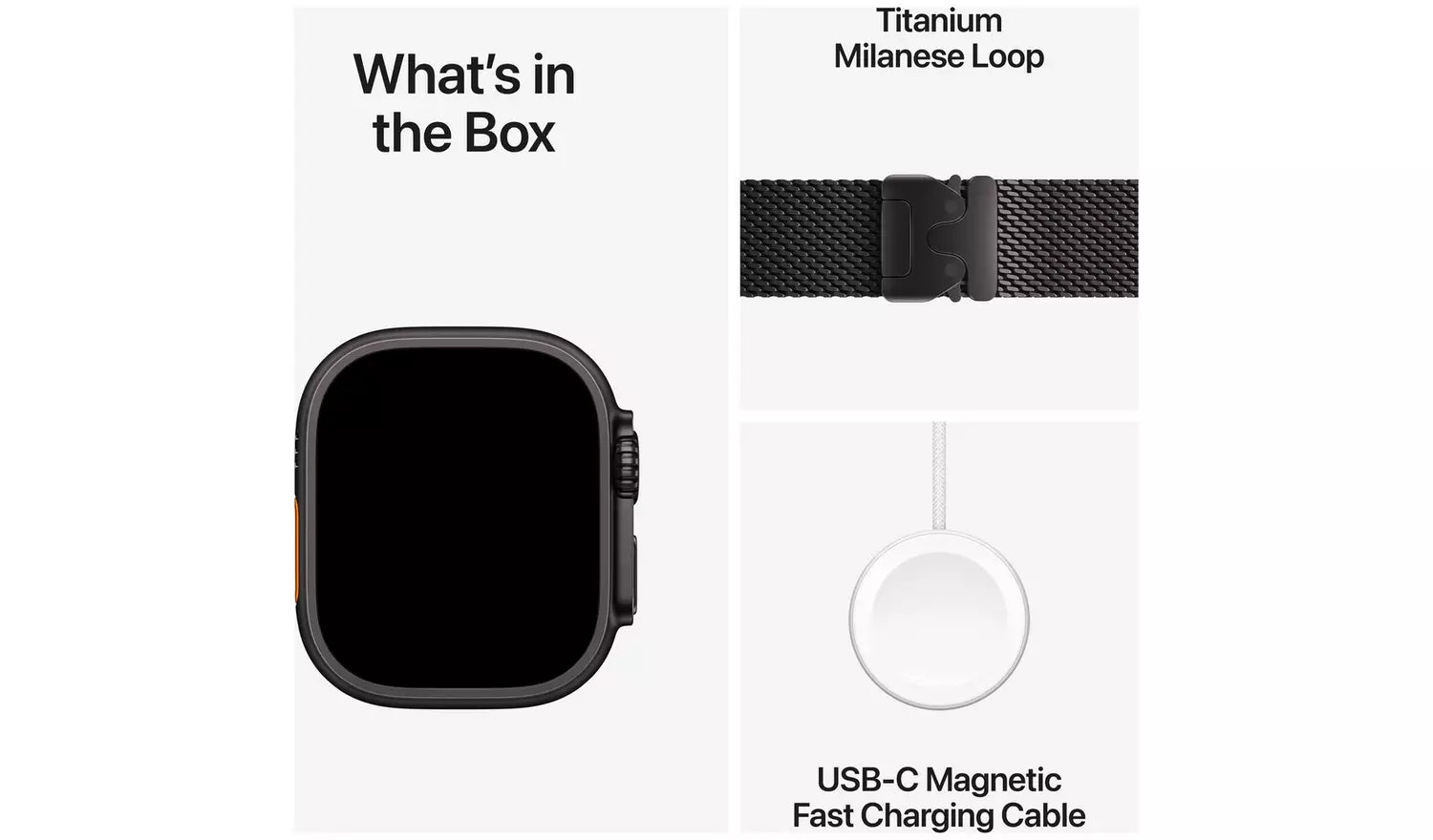 Box contents: black smartwatch, Titanium Milanese Loop strap, USB-C fast charging cable