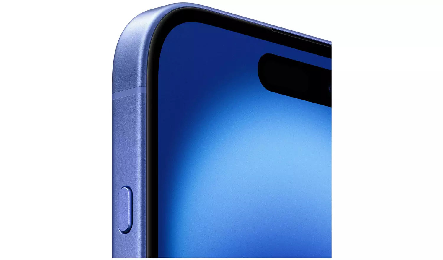 Teal iPhone 16 with side button and dark display edge, front close-up
