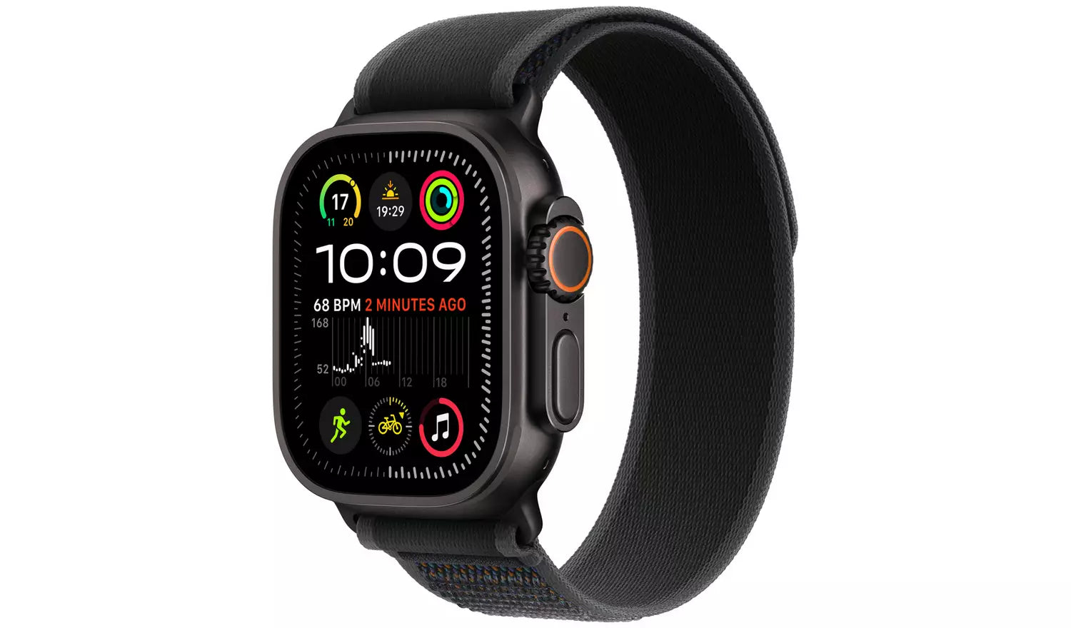 Apple Watch Ultra 2 49mm with black Trail Loop S/M, side view and bright watch display