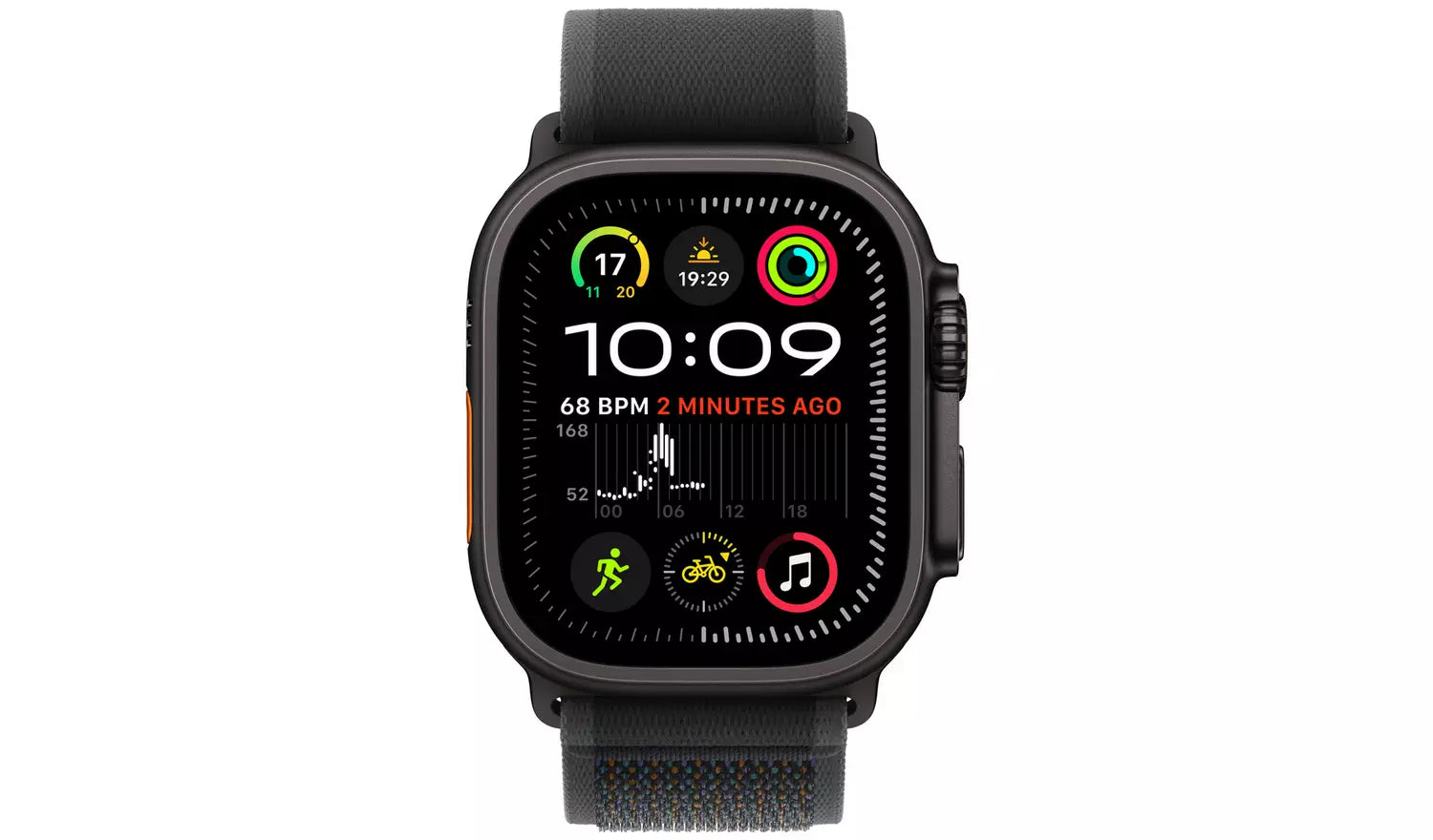 Apple Watch Ultra 2 49mm black titanium with Trail Loop S/M, front watch face with icons
