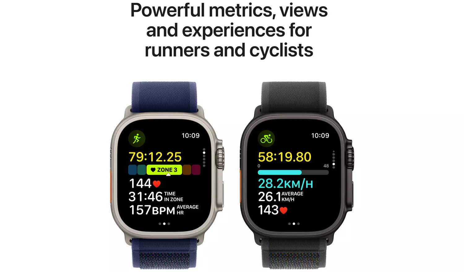 Apple Watch Ultra 2 black titanium with Trail Loop S/M, screen showing runner/cyclist metrics