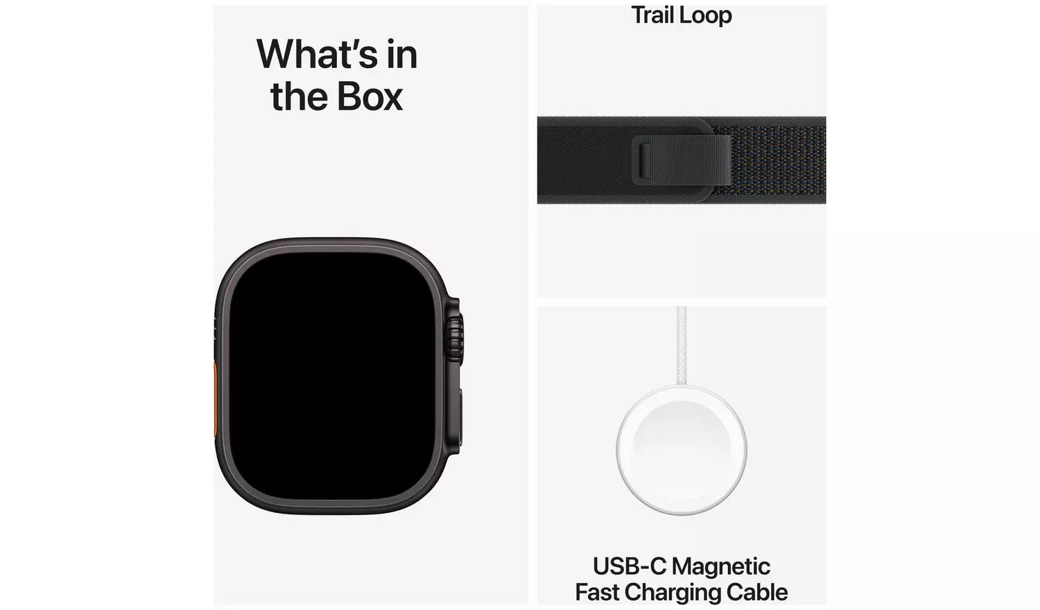 Apple Watch Ultra 2 box contents: watch with Trail Loop and USB-C fast charging cable