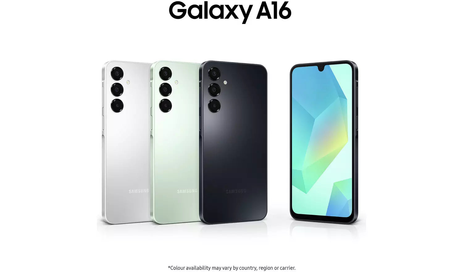 Galaxy A16 phone set: front view and three back colors (white, green, black)