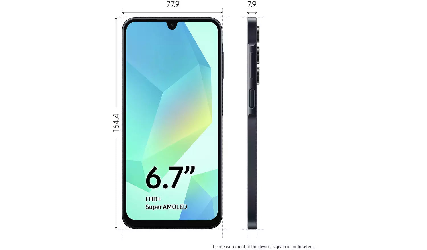 Smartphone front with 6.7-inch display and slim side profile