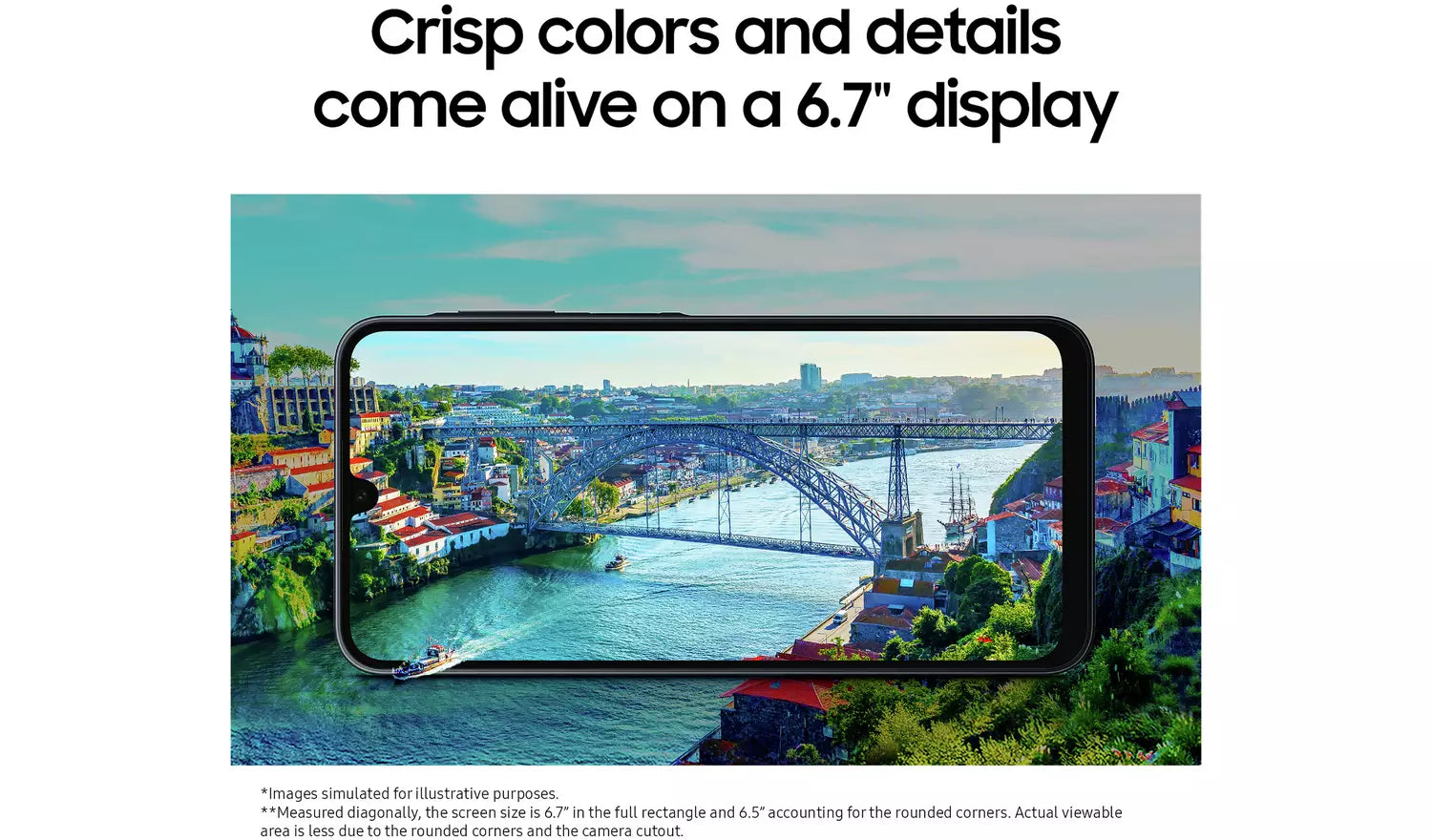 Front of smartphone with 6.7-inch display and rounded corners