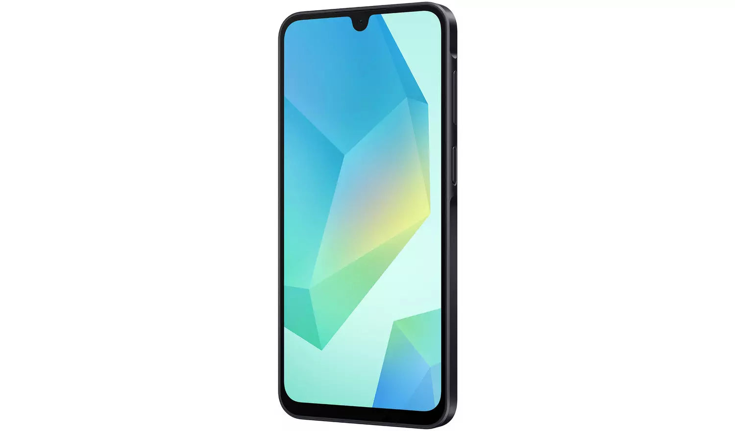 Galaxy A16 4G blue-black smartphone front angled, colorful display