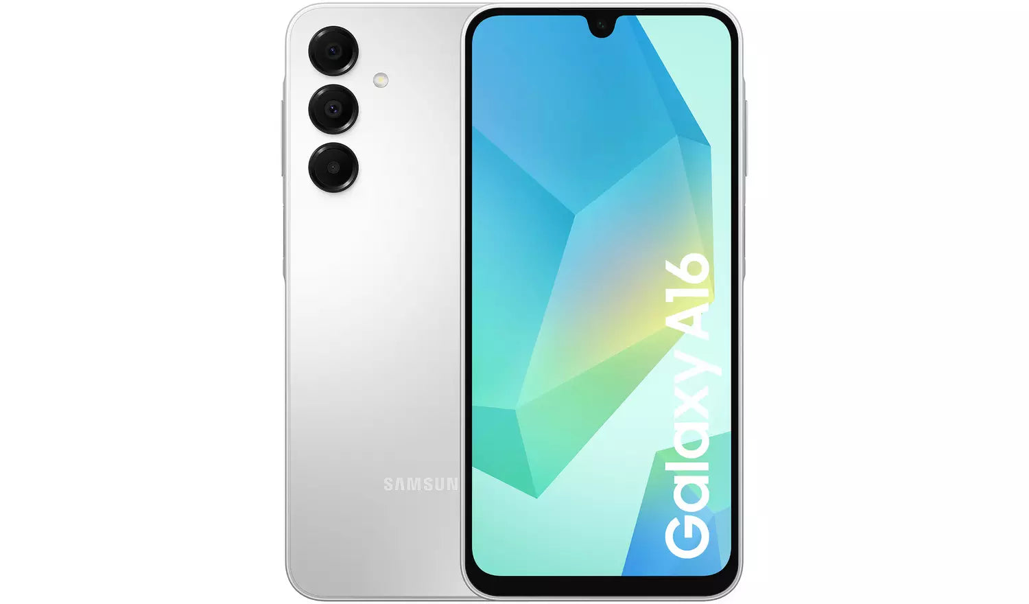 Galaxy A16 4G two-sided view: front screen and back triple camera, blue-black