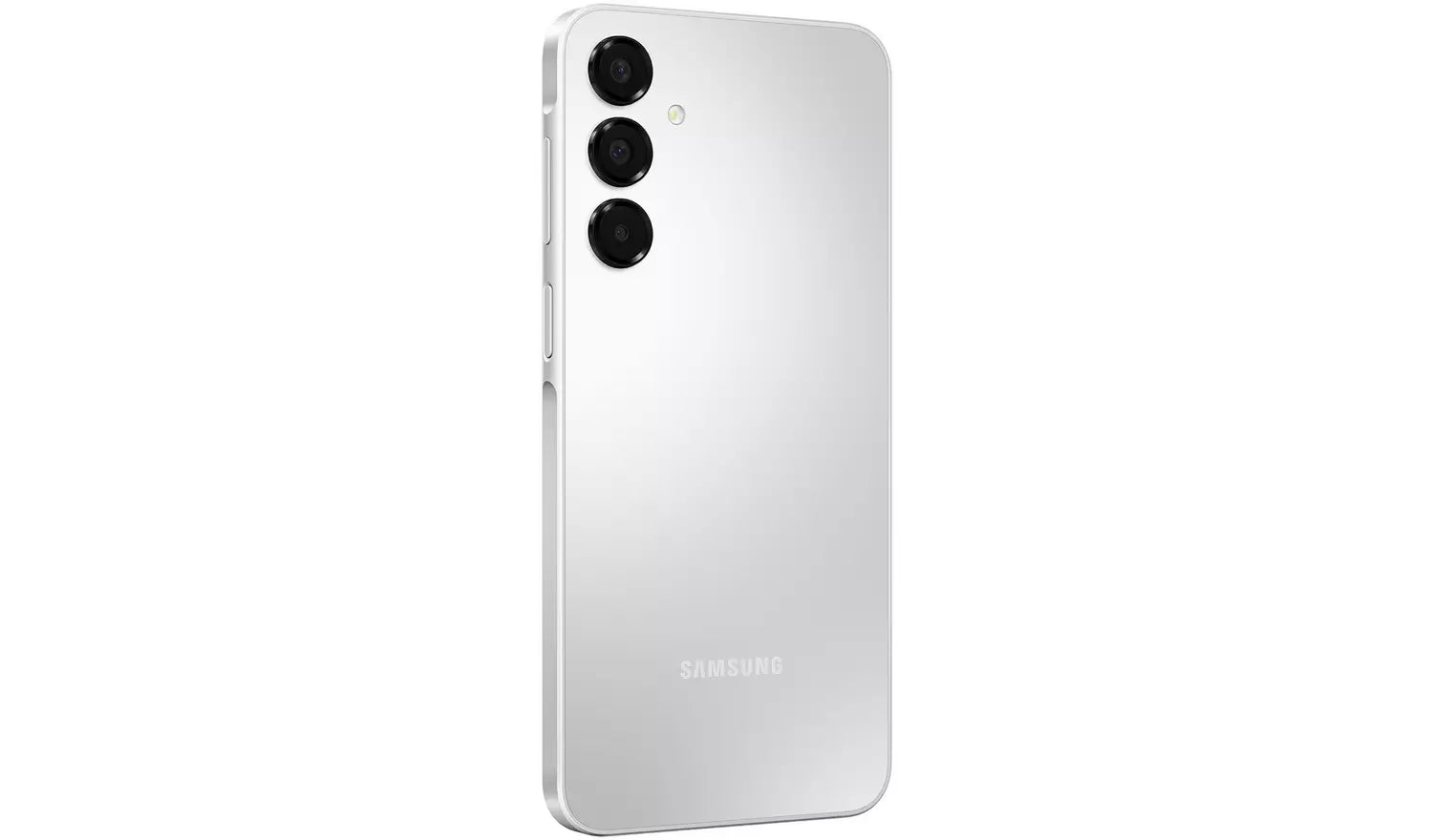 Light smartphone back with triple camera lenses and side buttons, silver tone