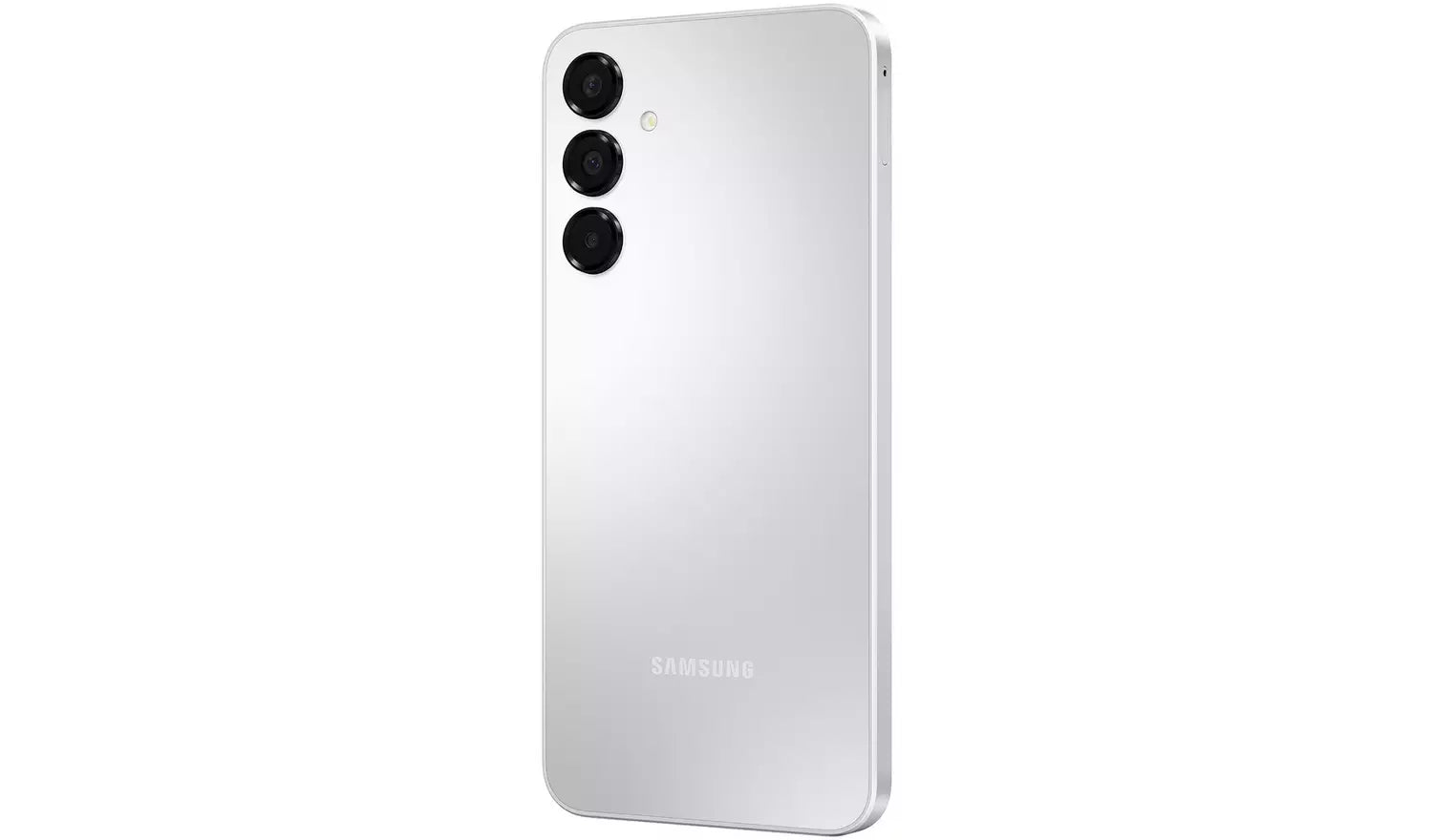 Light smartphone rear view, triple camera array and Samsung logo