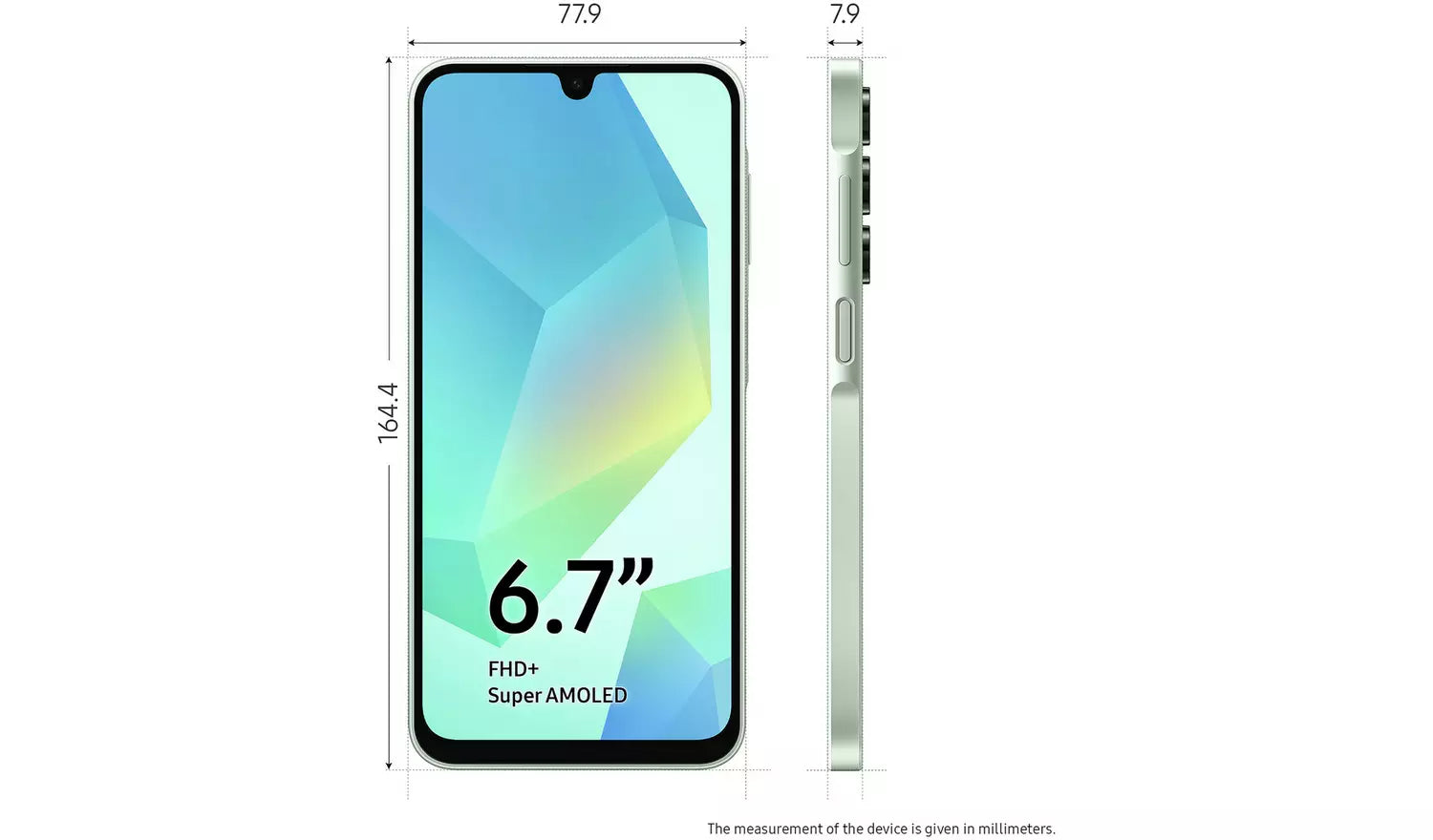 Galaxy A16 4G side profile and size chart, 6.7 in display