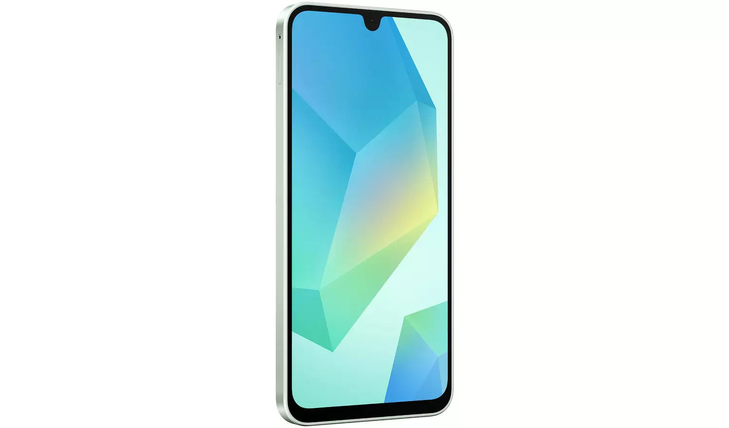 Galaxy A16 4G front view, blue-black bezel, blue-green wallpaper on display