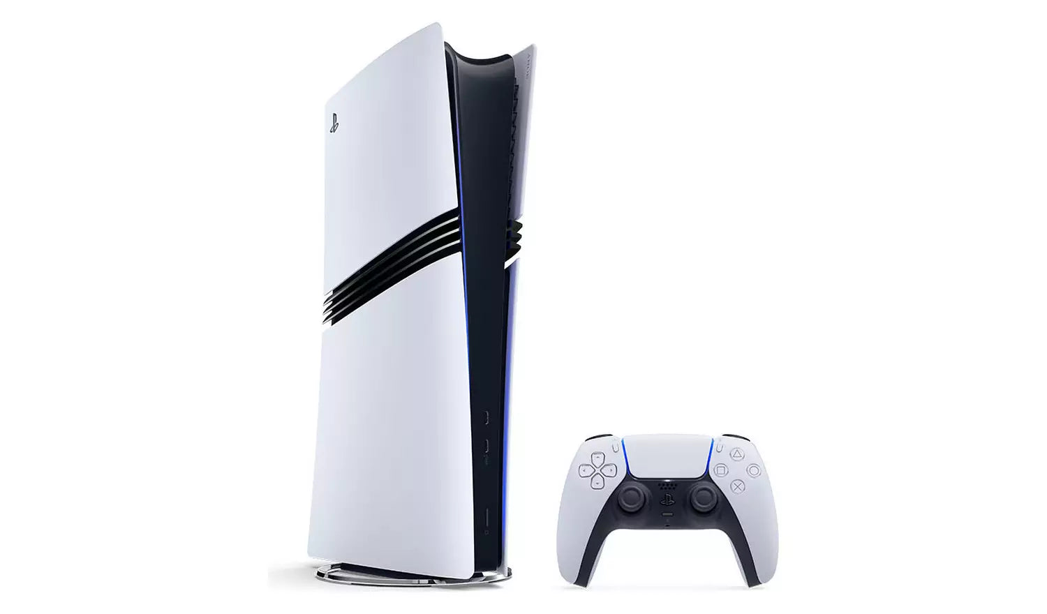 PS5 Pro Digital Console 2TB, seitliche Ansicht mit Controller im Bild (weiß/schwarz)