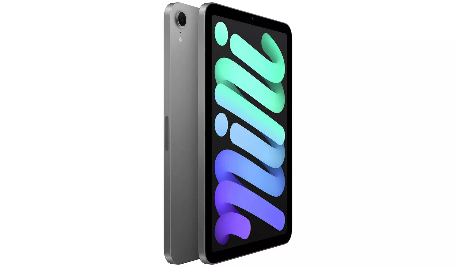 Blue iPad mini side view with thin aluminum body and black bezel