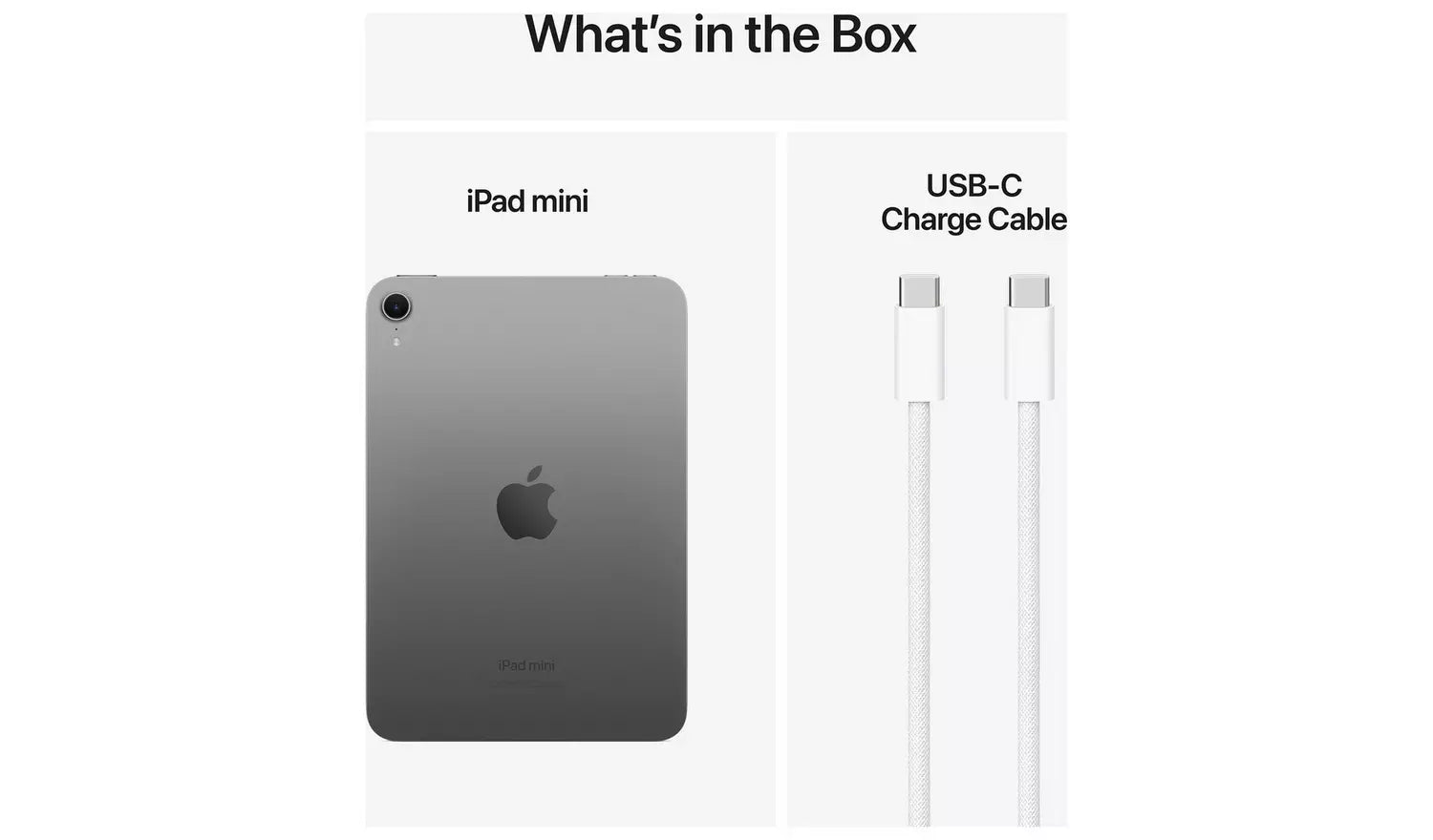 iPad mini box contents: iPad mini tablet and USB-C charge cable