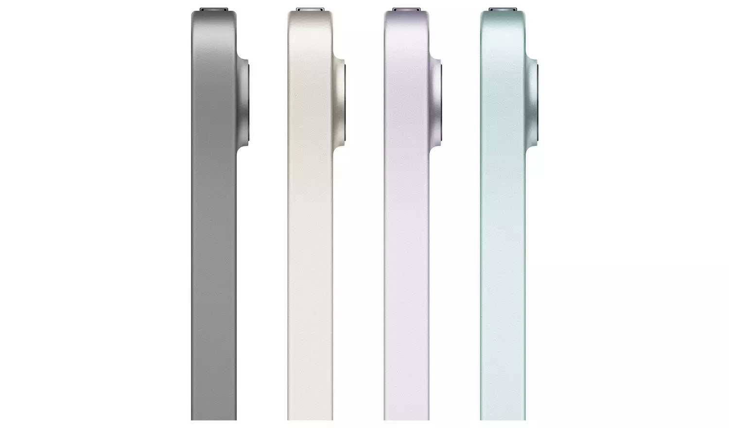 iPad mini side profiles in space grey, starlight, purple, and blue