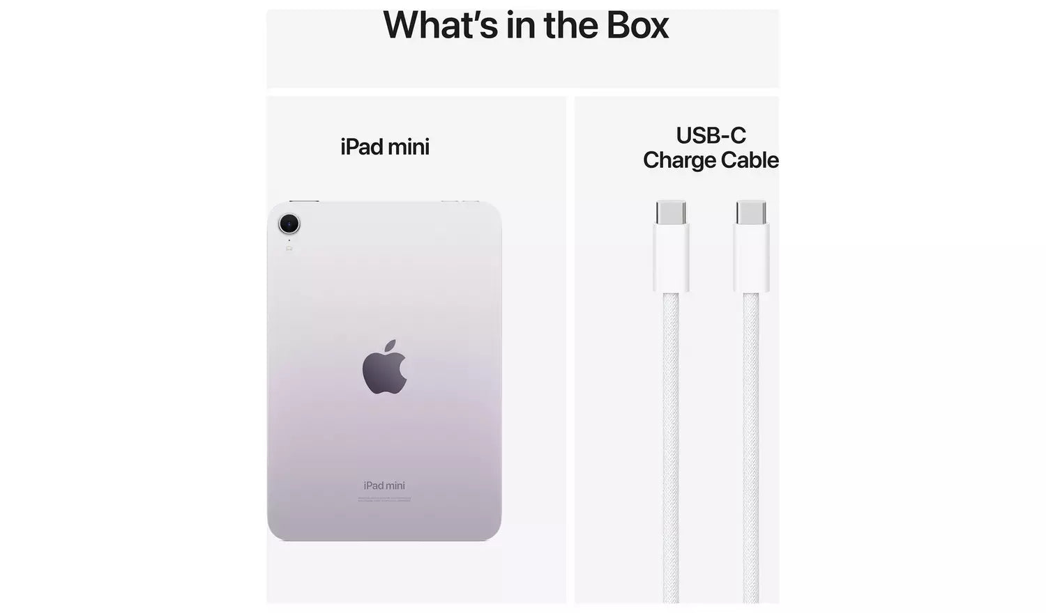 Box contents: iPad mini tablet and USB-C charging cable