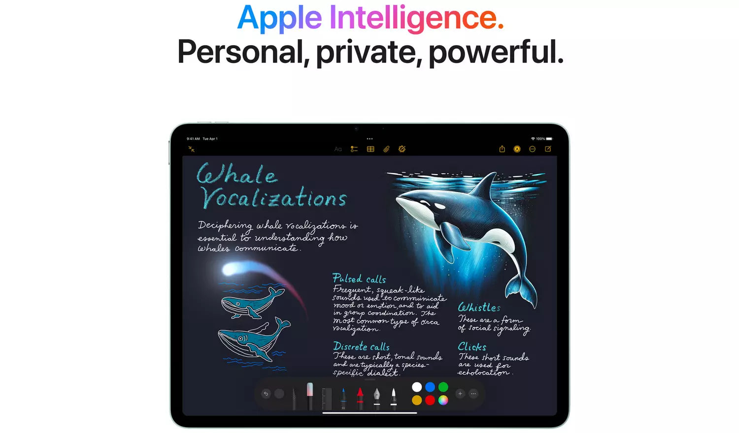 iPad screen with whale illustration and Apple Intelligence headline