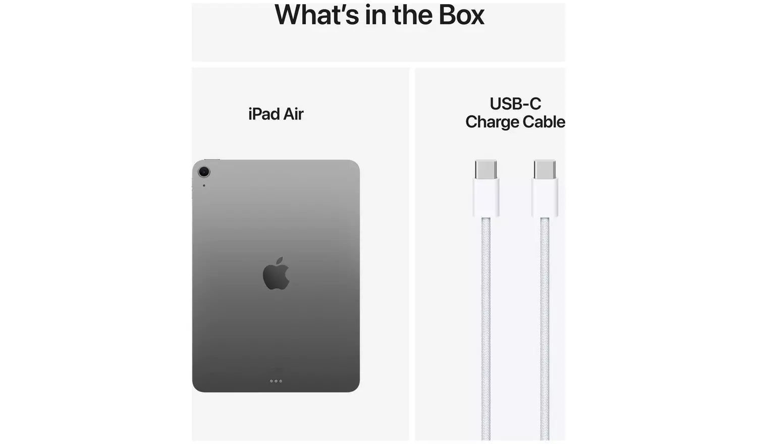 iPad Air back and USB-C charge cable shown in the box layout