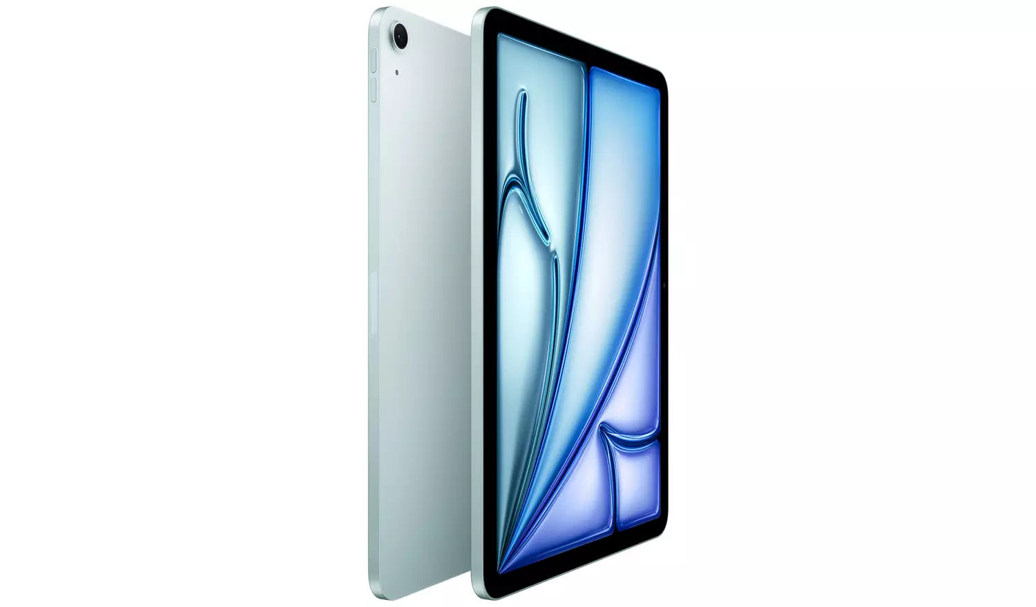 iPad Air 2025 11" blaues Tablet von der Seite, Rückseite sichtbar