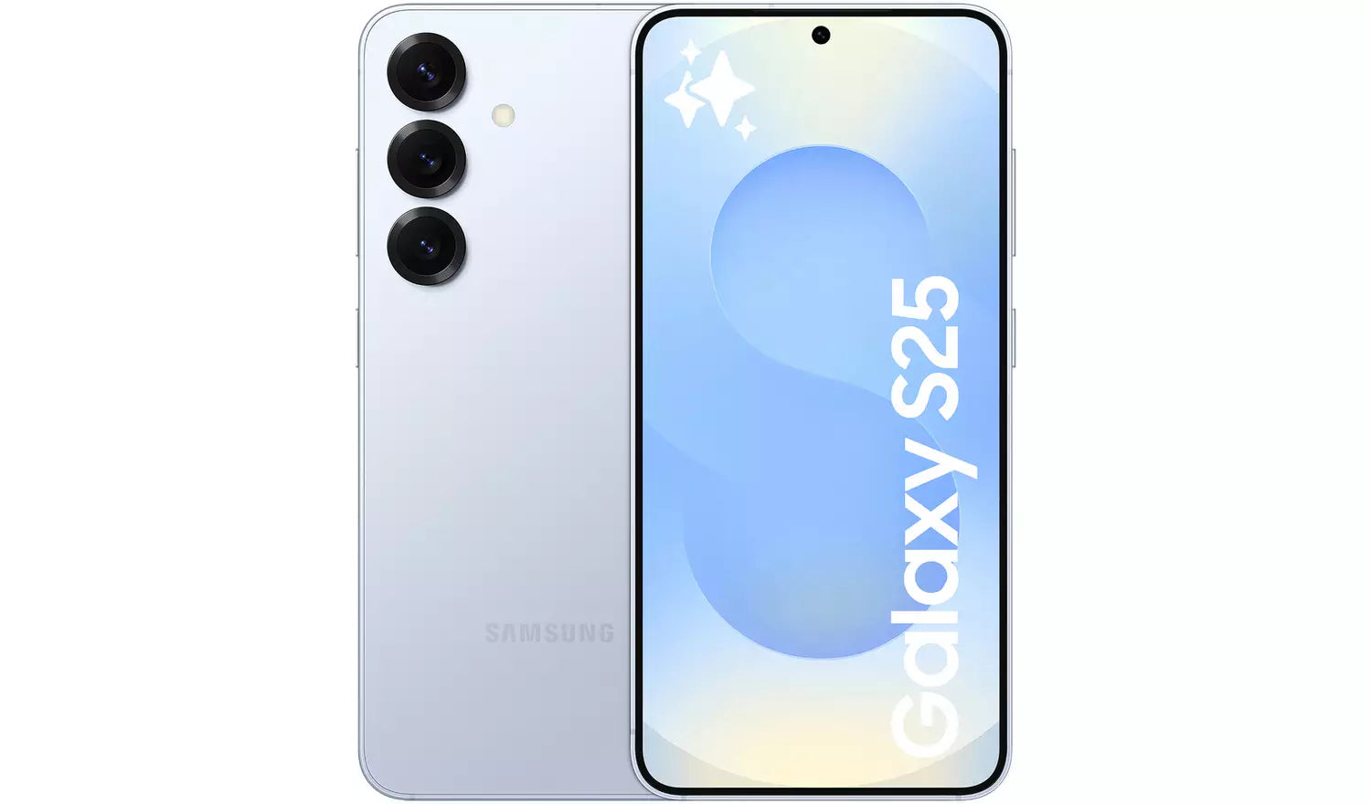 Galaxy S25 5G Smartphone in Blau, Front und Rückseite mit Dreifachkamera