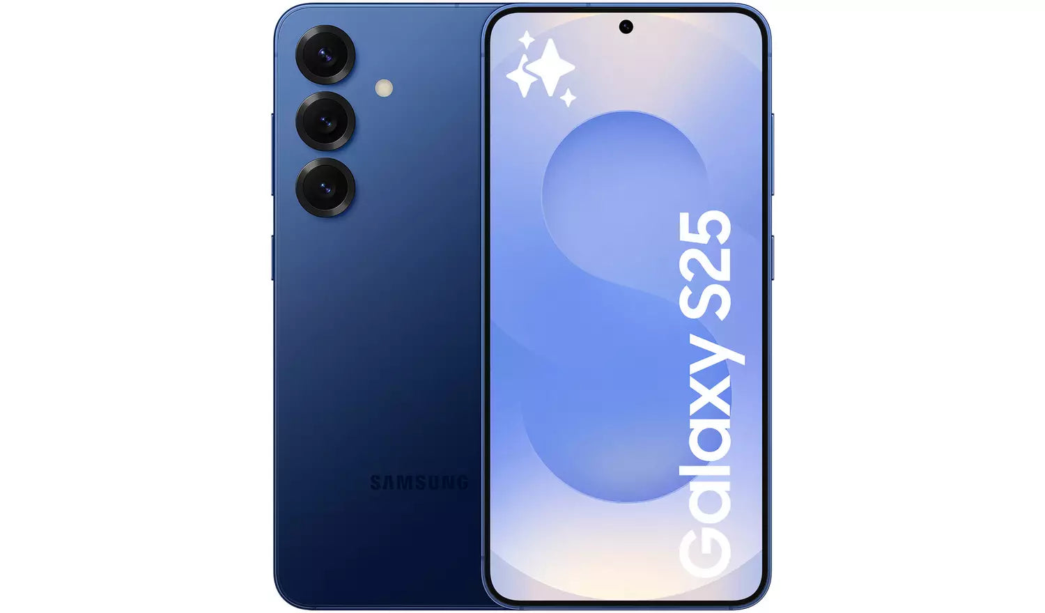 Blue Samsung Galaxy S25 5G front and back view with triple rear cameras