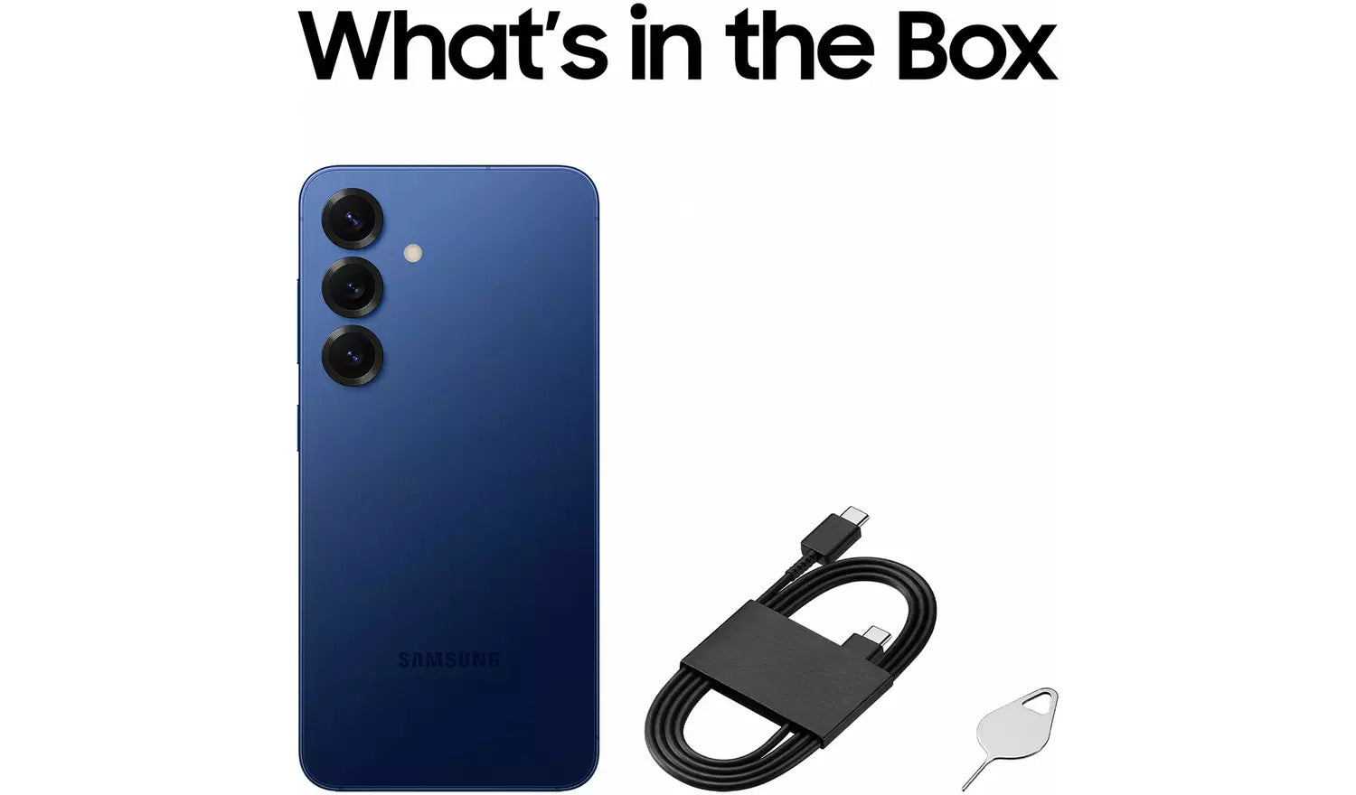 Blue Galaxy S25 5G rear phone with USB-C cable and SIM tool