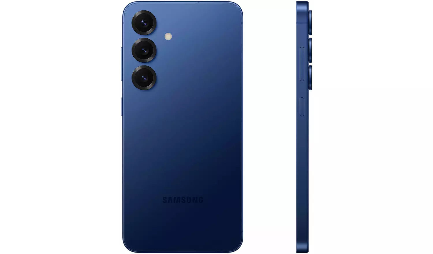 Blue Samsung Galaxy S25 5G rear and side profile showing camera bump and buttons