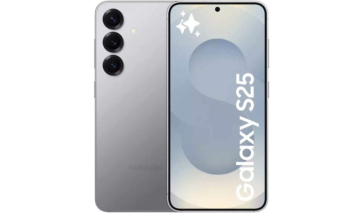 Silver Galaxy S25 5G front: curved display with hole-punch camera